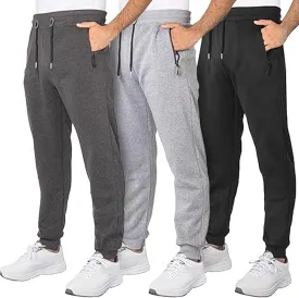 3 Pack Fleece Joggers for Men - Workout Mens Sweatpants with Zipper Pockets & Drawstring - Active Sweat Pants