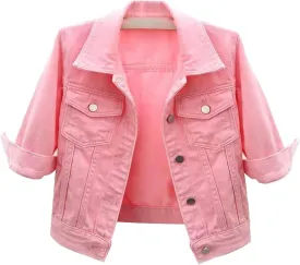 3/4 Sleeve Short Denim Jacket plus size jean jacket Basic Lapel Button Down Cropped Coat