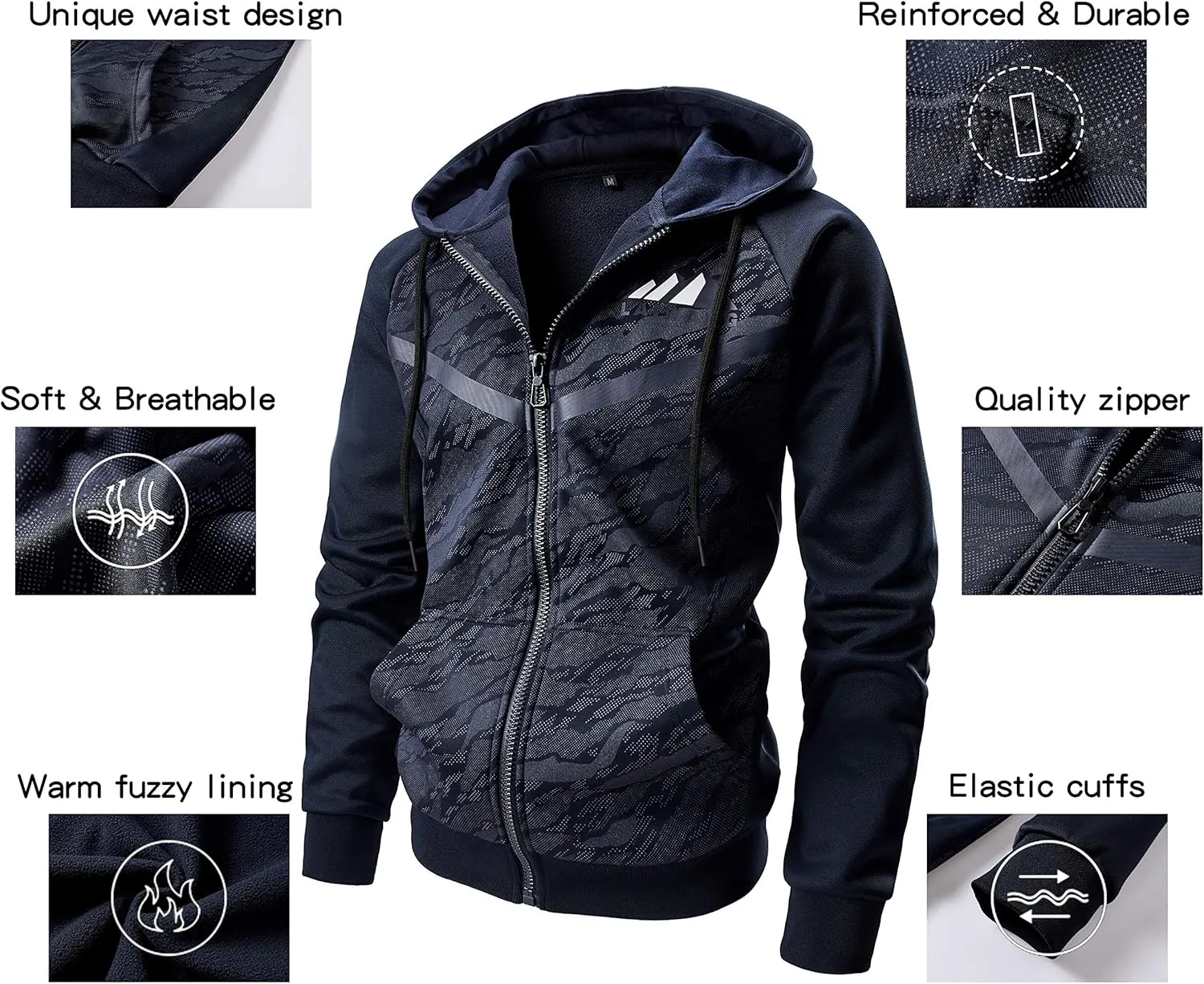 AFILOK Men's Zip Up Hoodie Fleece lightweight Sweatshirt Camo Color Block Fashion Long Sleeve Hooded WIth Kanga Pocket