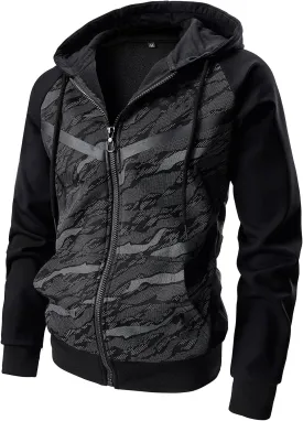 AFILOK Men's Zip Up Hoodie Fleece lightweight Sweatshirt Camo Color Block Fashion Long Sleeve Hooded WIth Kanga Pocket