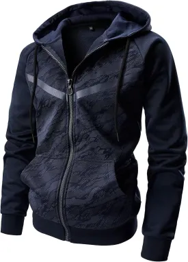 AFILOK Men's Zip Up Hoodie Fleece lightweight Sweatshirt Camo Color Block Fashion Long Sleeve Hooded WIth Kanga Pocket