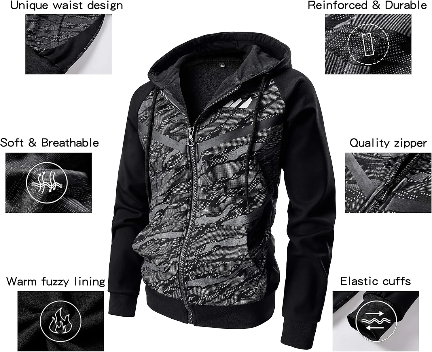 AFILOK Men's Zip Up Hoodie Fleece lightweight Sweatshirt Camo Color Block Fashion Long Sleeve Hooded WIth Kanga Pocket