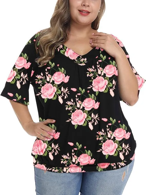 andy & natalie Women's Plus Size Tops Pleated V Neck Loose Baggy Blouse T Shirts