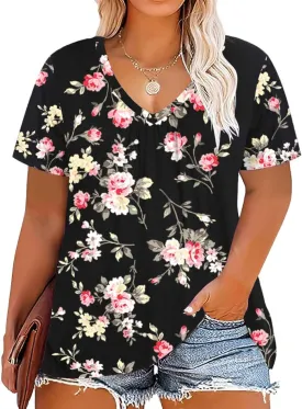 andy & natalie Women's Plus Size Tops Pleated V Neck Loose Baggy Blouse T Shirts