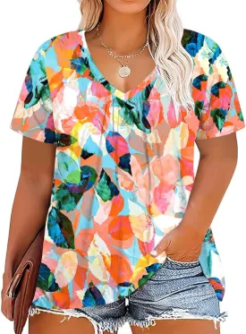 andy & natalie Women's Plus Size Tops Pleated V Neck Loose Baggy Blouse T Shirts