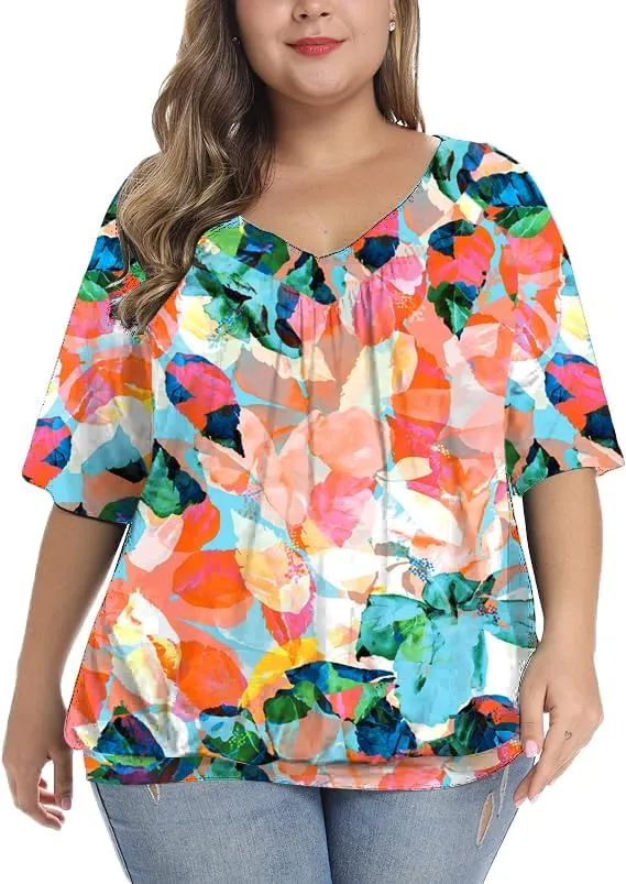 andy & natalie Women's Plus Size Tops Pleated V Neck Loose Baggy Blouse T Shirts