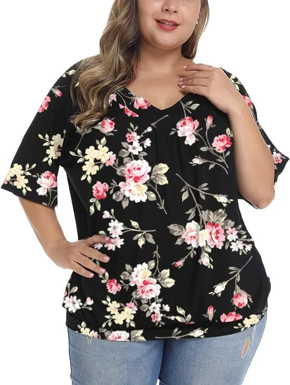 andy & natalie Women's Plus Size Tops Pleated V Neck Loose Baggy Blouse T Shirts