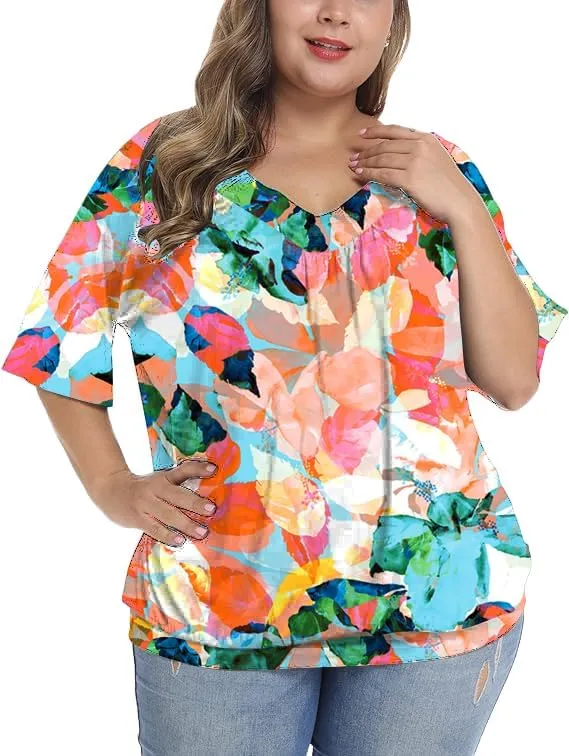 andy & natalie Women's Plus Size Tops Pleated V Neck Loose Baggy Blouse T Shirts