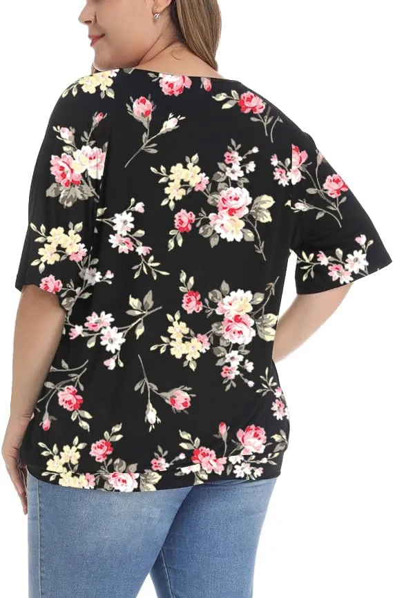 andy & natalie Women's Plus Size Tops Pleated V Neck Loose Baggy Blouse T Shirts
