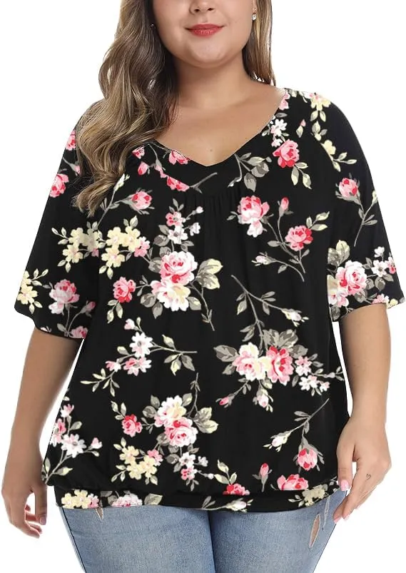andy & natalie Women's Plus Size Tops Pleated V Neck Loose Baggy Blouse T Shirts