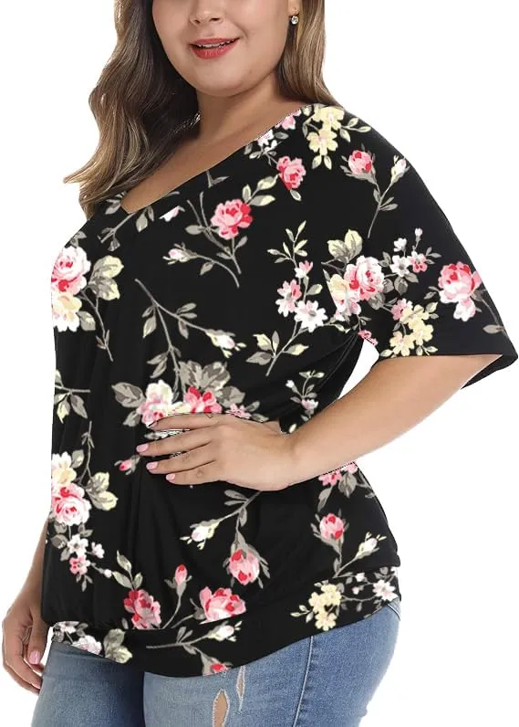 andy & natalie Women's Plus Size Tops Pleated V Neck Loose Baggy Blouse T Shirts