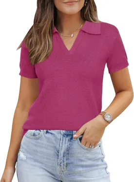 Arach&Cloz 2025 Women's Wool Blend Polo Shirts Spring Summer Tops Short Sleeve Soft Trendy Old Money Business Casual Outfits