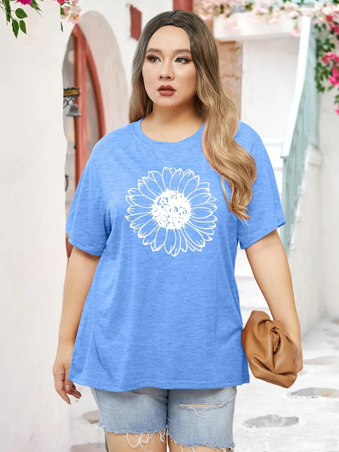 Binshre Plus Size Tops for Women Cute Graphic Tees Loose Fit Flower Printing Short Sleeve Crew Neck T Shirts
