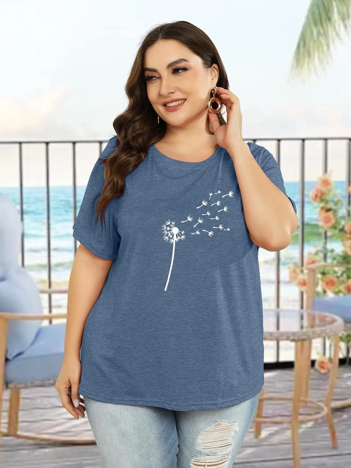 Binshre Plus Size Tops for Women Cute Graphic Tees Loose Fit Flower Printing Short Sleeve Crew Neck T Shirts