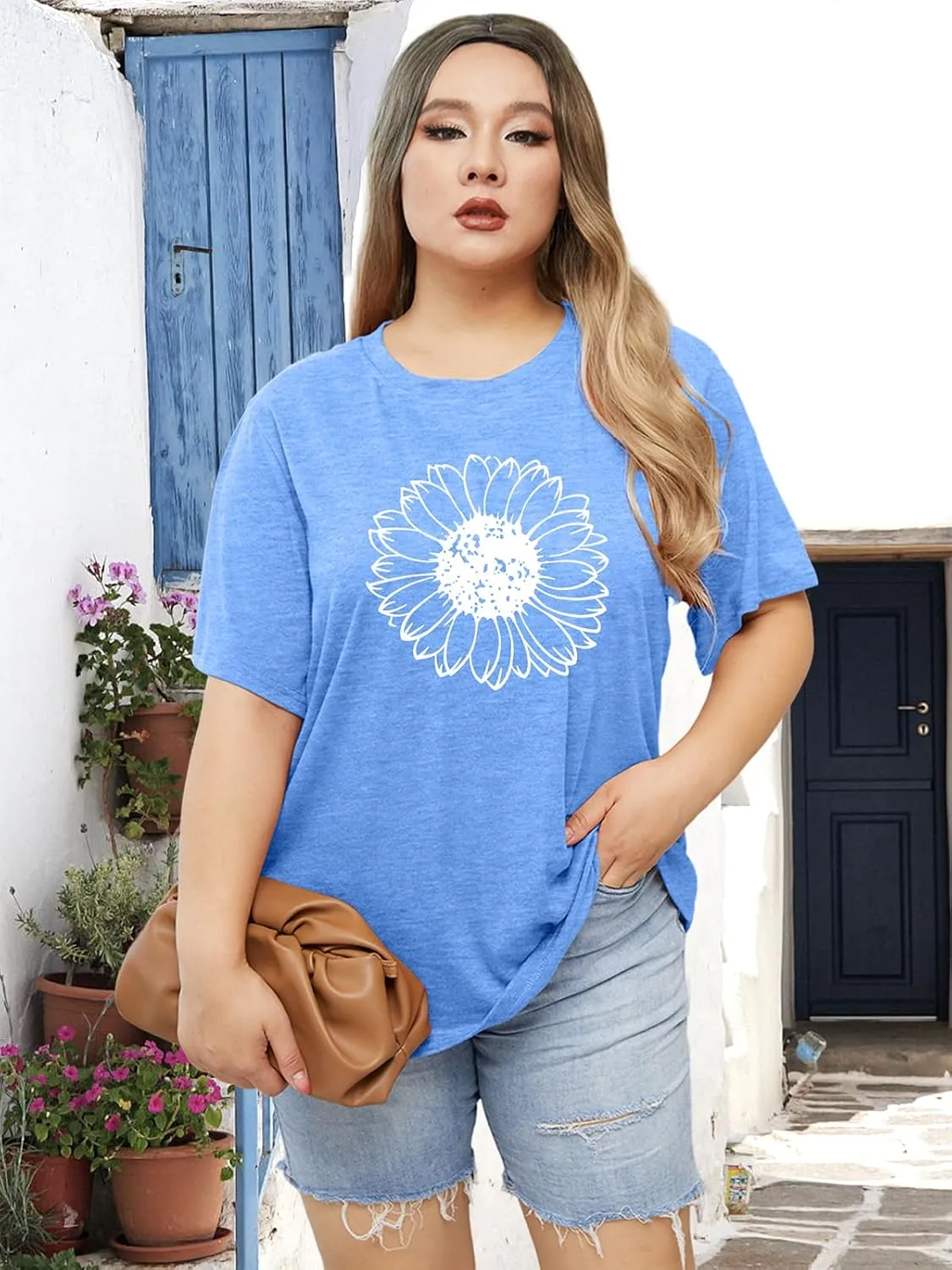 Binshre Plus Size Tops for Women Cute Graphic Tees Loose Fit Flower Printing Short Sleeve Crew Neck T Shirts