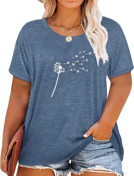 Binshre Plus Size Tops for Women Cute Graphic Tees Loose Fit Flower Printing Short Sleeve Crew Neck T Shirts