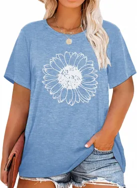 Binshre Plus Size Tops for Women Cute Graphic Tees Loose Fit Flower Printing Short Sleeve Crew Neck T Shirts