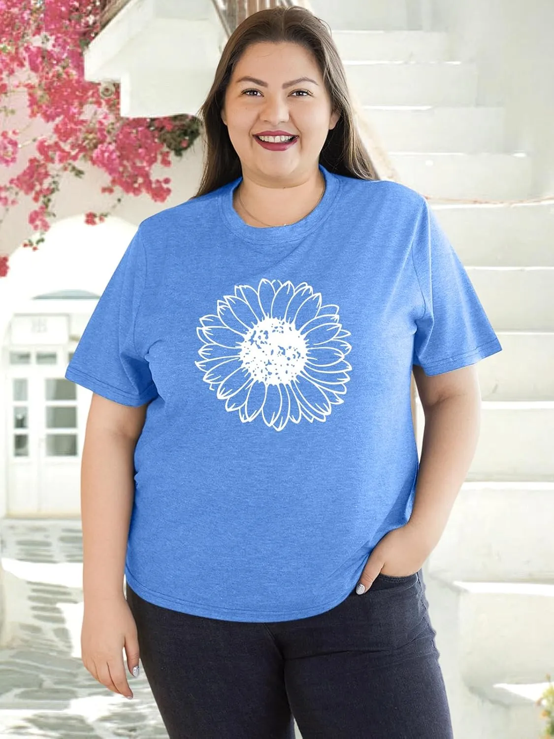 Binshre Plus Size Tops for Women Cute Graphic Tees Loose Fit Flower Printing Short Sleeve Crew Neck T Shirts