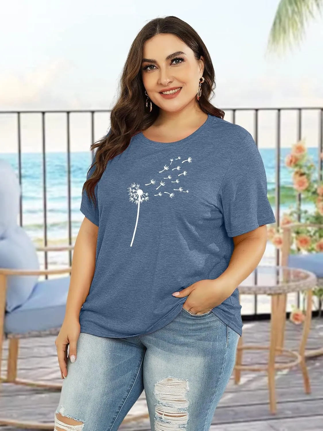 Binshre Plus Size Tops for Women Cute Graphic Tees Loose Fit Flower Printing Short Sleeve Crew Neck T Shirts