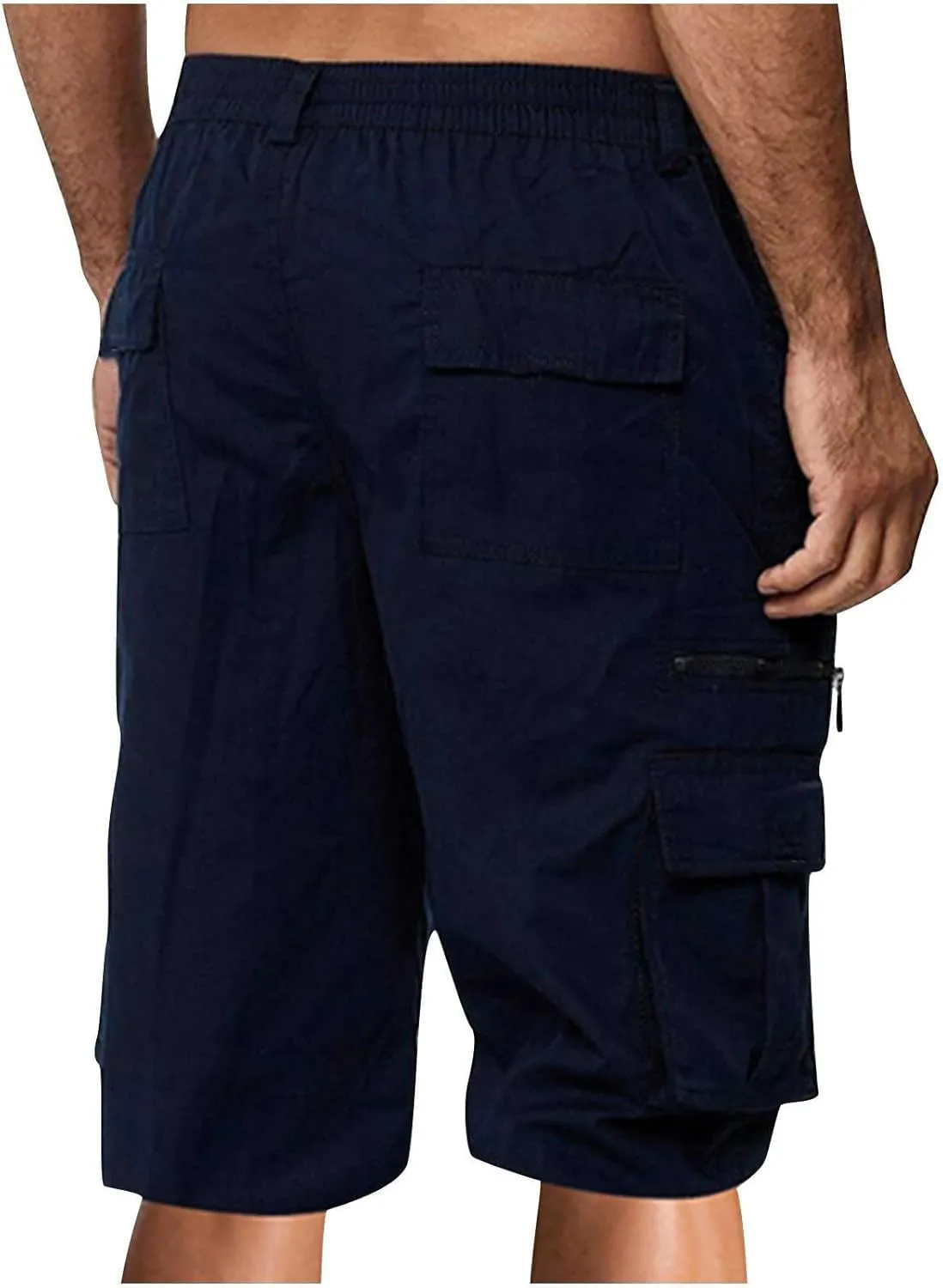 Cargo Shorts for Men Casual Summer Hiking Shorts Elastic Waist Knee Length Big and Tall Bermuda Shorts with Pockets