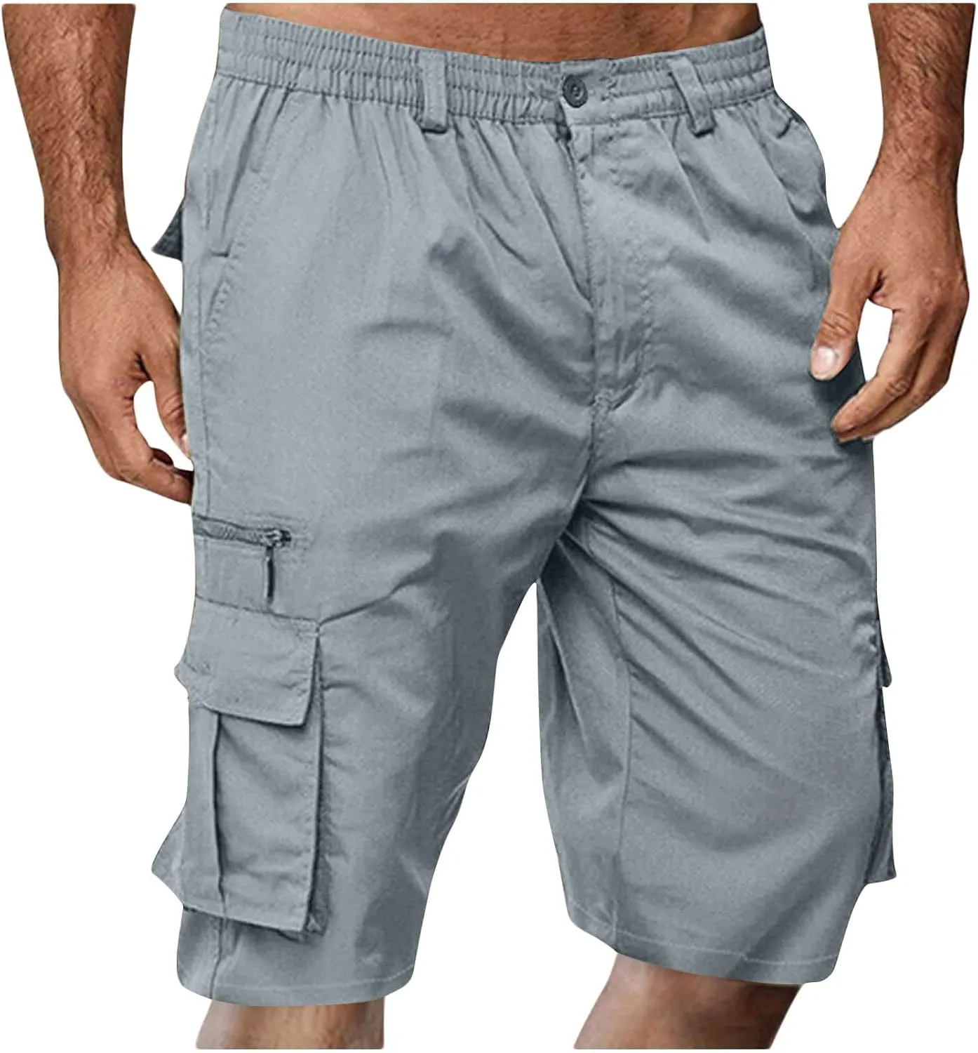 Cargo Shorts for Men Casual Summer Hiking Shorts Elastic Waist Knee Length Big and Tall Bermuda Shorts with Pockets