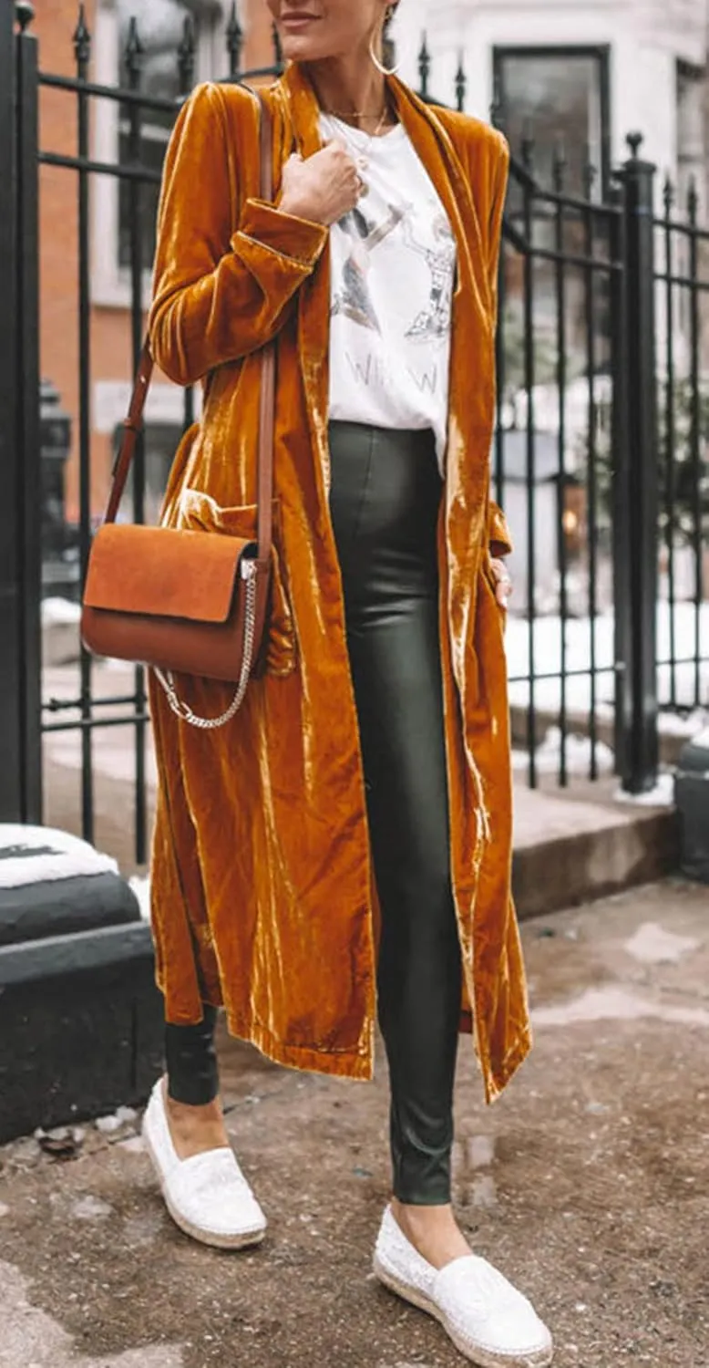 CHARTOU Women Elegant Velvet Jacket Open Front Long Cardigan Duster Long Sleeve Office Work Blazer