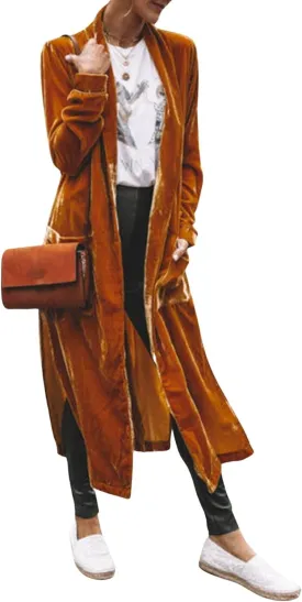 CHARTOU Women Elegant Velvet Jacket Open Front Long Cardigan Duster Long Sleeve Office Work Blazer