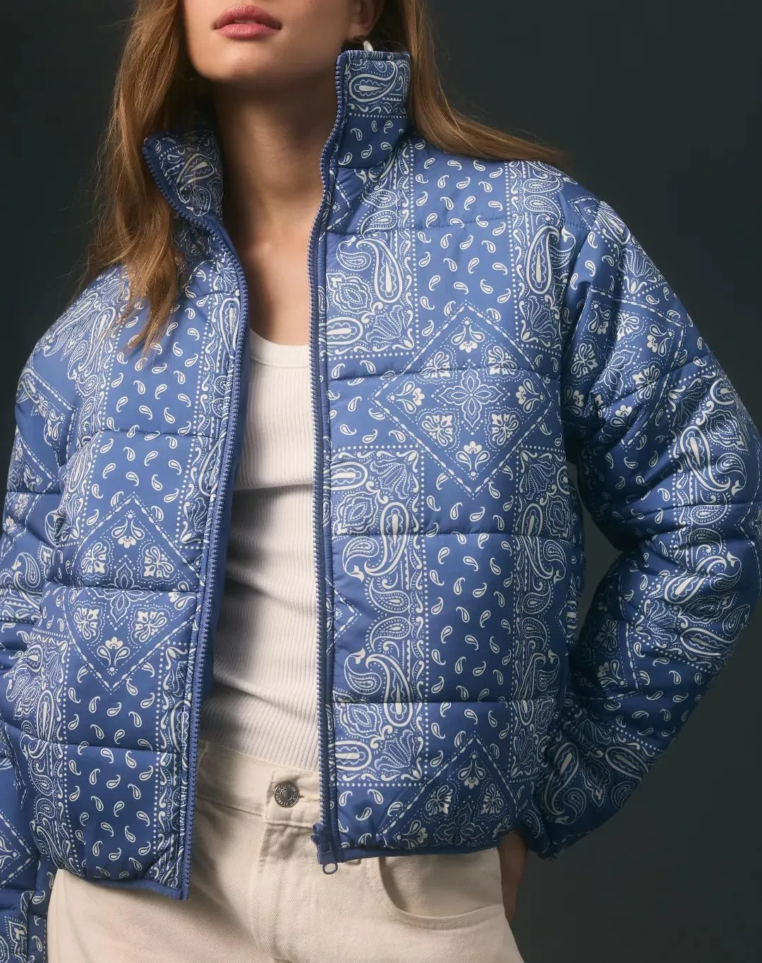 D-Sun Women's Cropped Puffer Quilted Jacket Floral Print Oversized Zip Puffer Jacket Open Front Coat Outerwear With Pockets