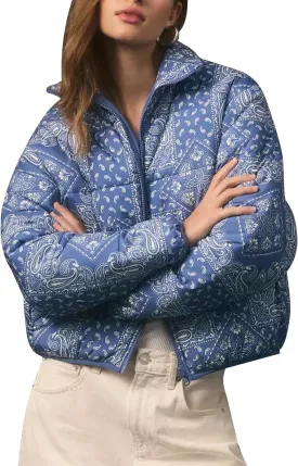 D-Sun Women's Cropped Puffer Quilted Jacket Floral Print Oversized Zip Puffer Jacket Open Front Coat Outerwear With Pockets