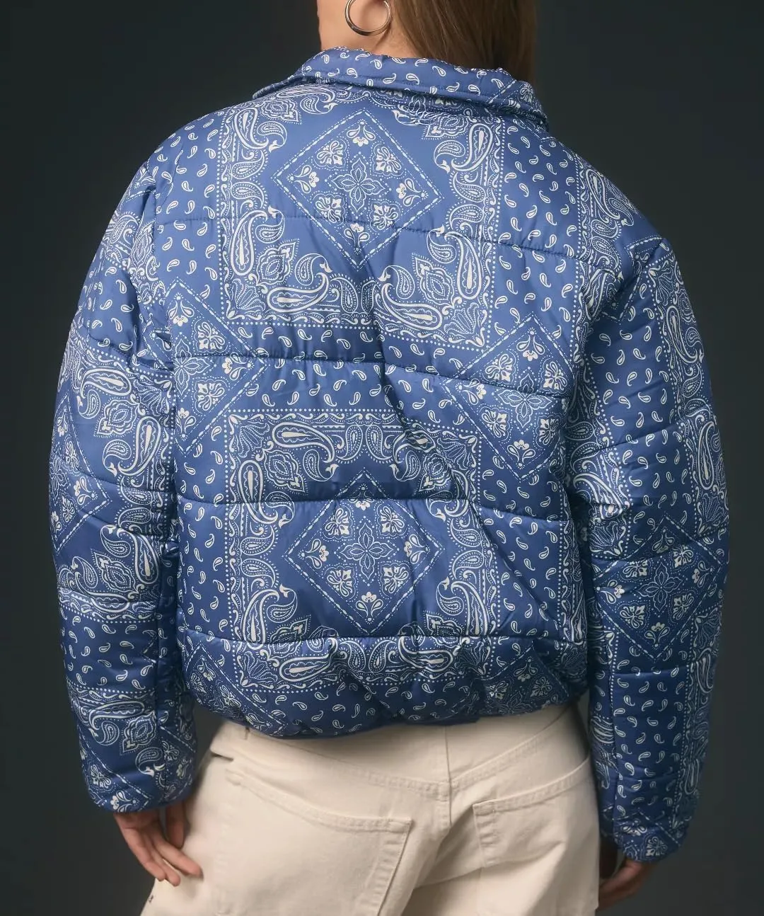 D-Sun Women's Cropped Puffer Quilted Jacket Floral Print Oversized Zip Puffer Jacket Open Front Coat Outerwear With Pockets