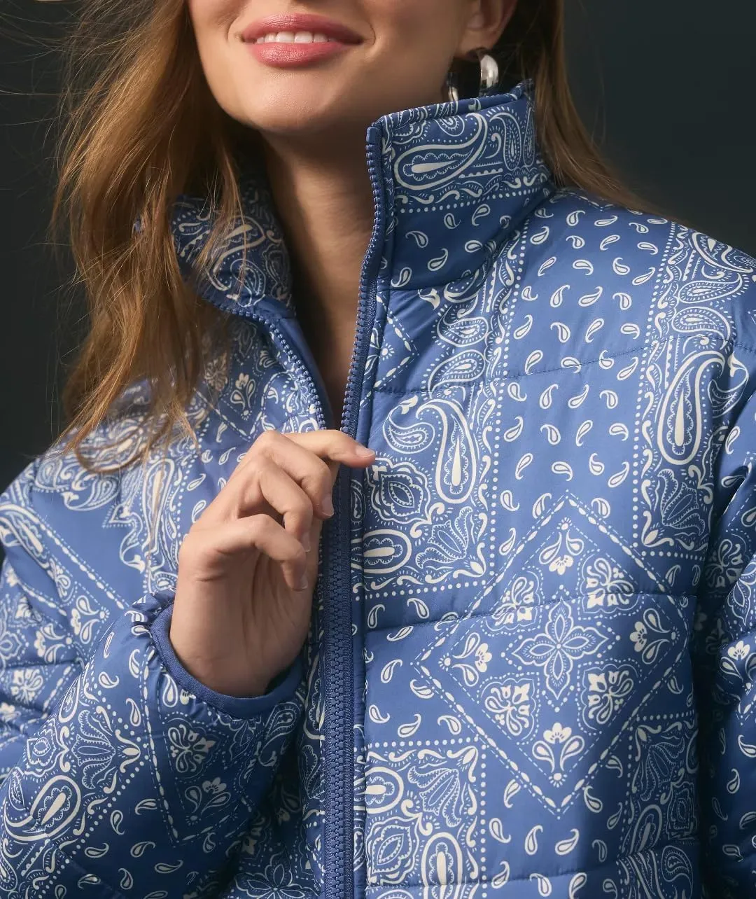 D-Sun Women's Cropped Puffer Quilted Jacket Floral Print Oversized Zip Puffer Jacket Open Front Coat Outerwear With Pockets