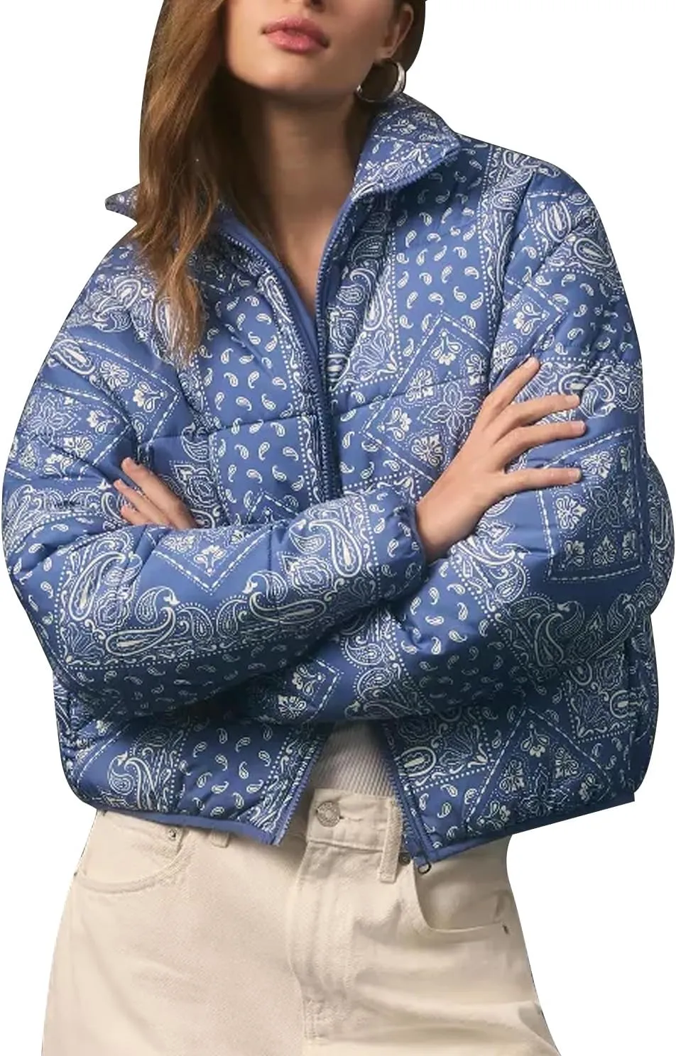 D-Sun Women's Cropped Puffer Quilted Jacket Floral Print Oversized Zip Puffer Jacket Open Front Coat Outerwear With Pockets