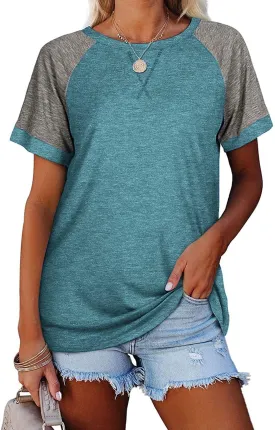 Esobo Women's Raglan Short Sleeve Crewneck T-Shirt Color Block Tunic Tshirt Casual Loose Blouses Tops