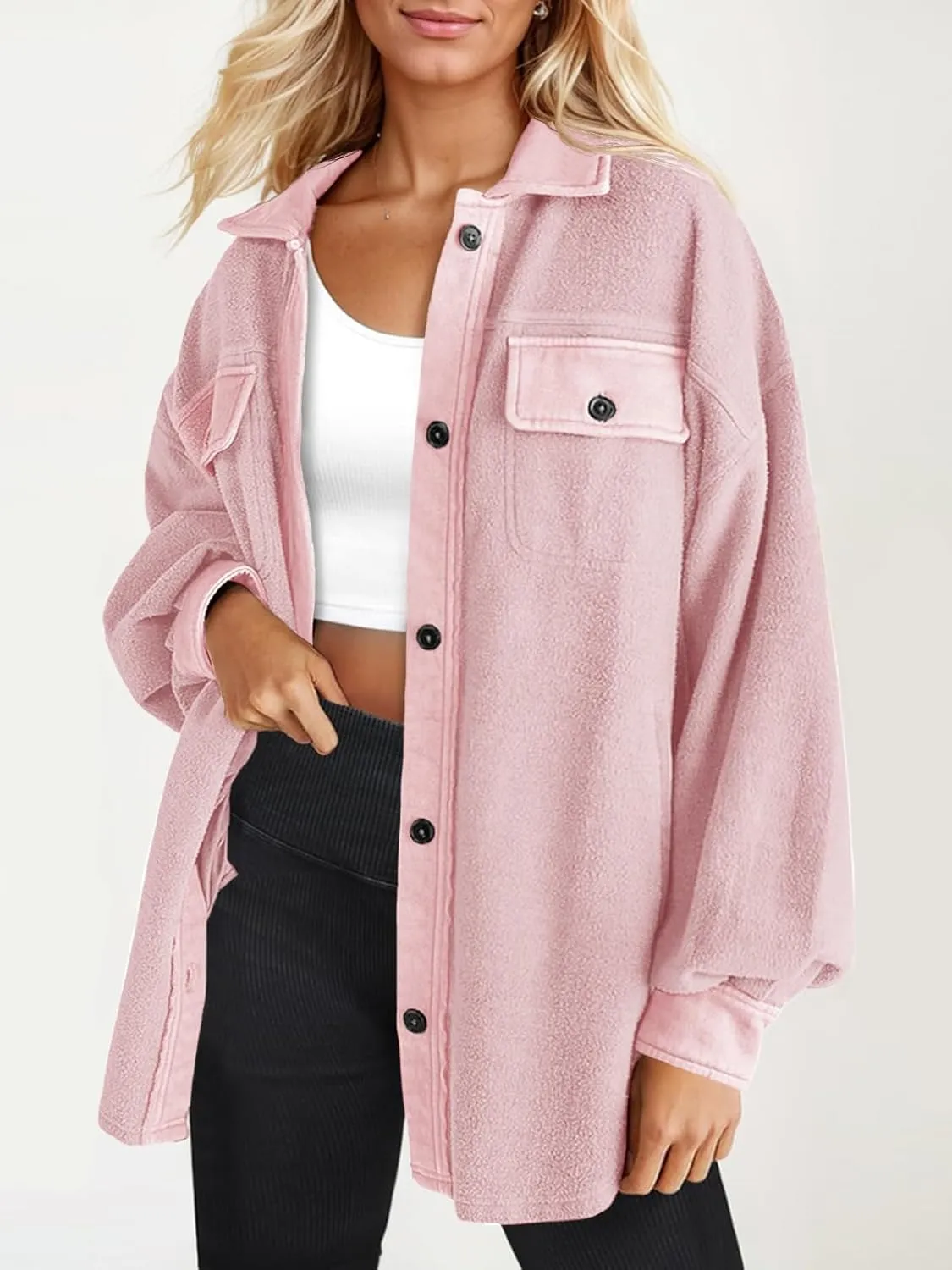 Fisoew Womens Oversized Long Sleeve Button Down Shirt Jacket Soft Comfy Casual Shacket Coats with Pockets