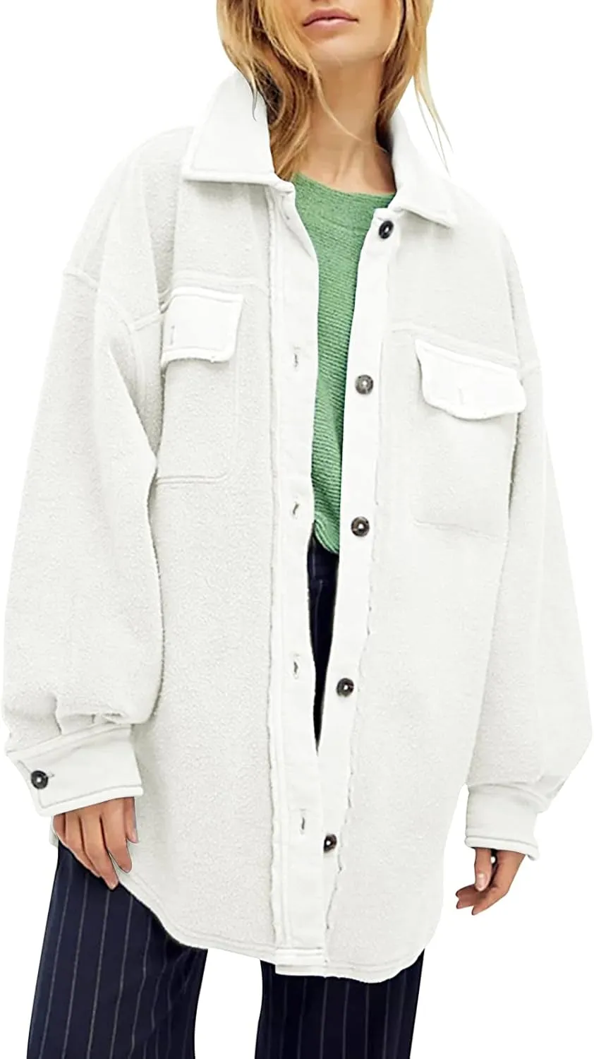 Fisoew Womens Oversized Long Sleeve Button Down Shirt Jacket Soft Comfy Casual Shacket Coats with Pockets