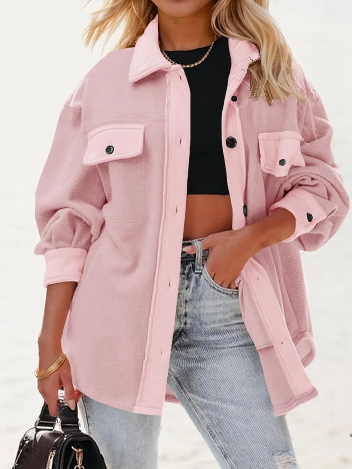 Fisoew Womens Oversized Long Sleeve Button Down Shirt Jacket Soft Comfy Casual Shacket Coats with Pockets