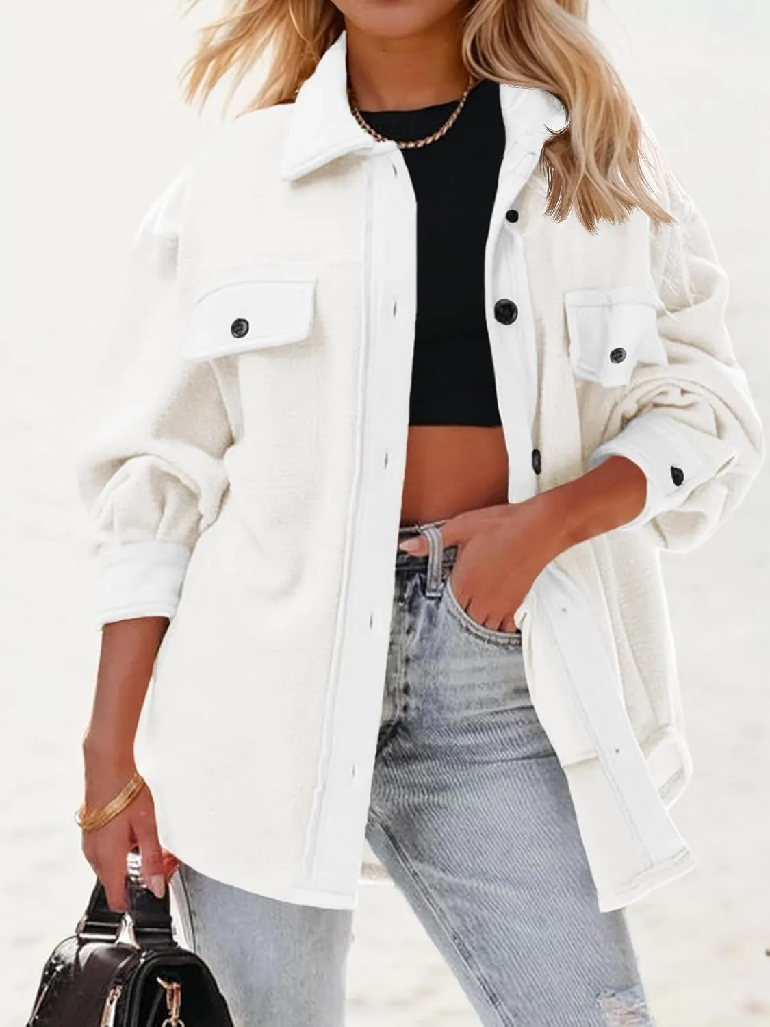 Fisoew Womens Oversized Long Sleeve Button Down Shirt Jacket Soft Comfy Casual Shacket Coats with Pockets
