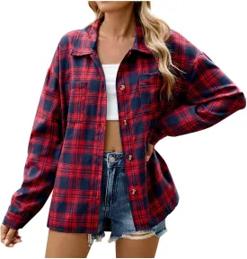 Flannel Plaid Shirts for Women Oversized Button Down Lapel Blouse Tops Long Sleeve Loose Casual Jackets with Pockets