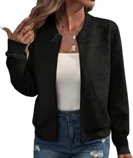 Fleece Jackets for Women Lightweight Full Zip Bomber Jacket Soft Long Sleeve Zip Up Hoodies Crew Neck Sweatshirt