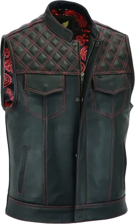 Leatherick Mens Black Motorcycle Vests - SOA Club & Traditional Paisley Satin Liner Leather Biker Vests