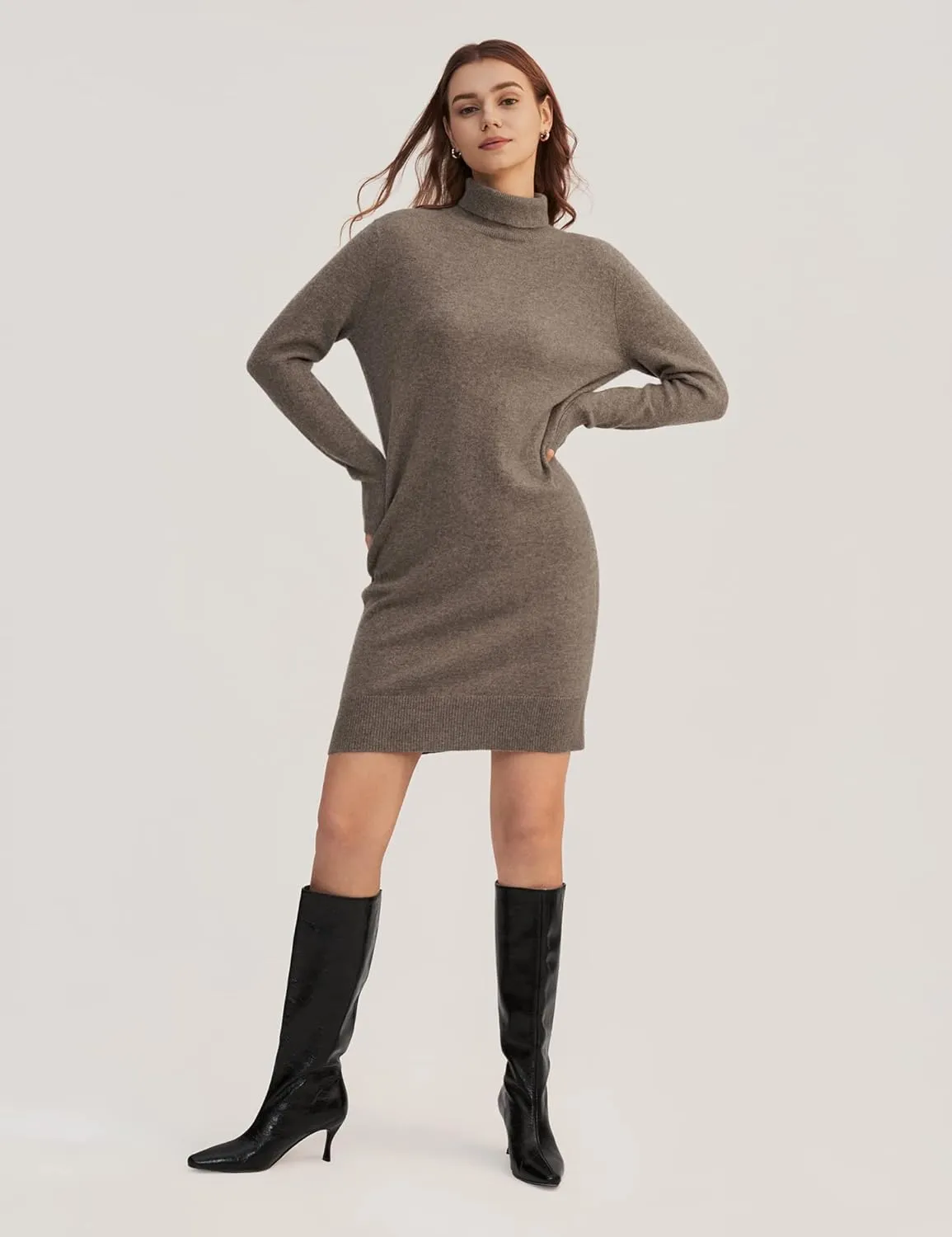 LilySilk Womens Cashmere Knit Dress Ladies Long Pullover Sweatshirt Causal Sweater Dress with Turtleneck