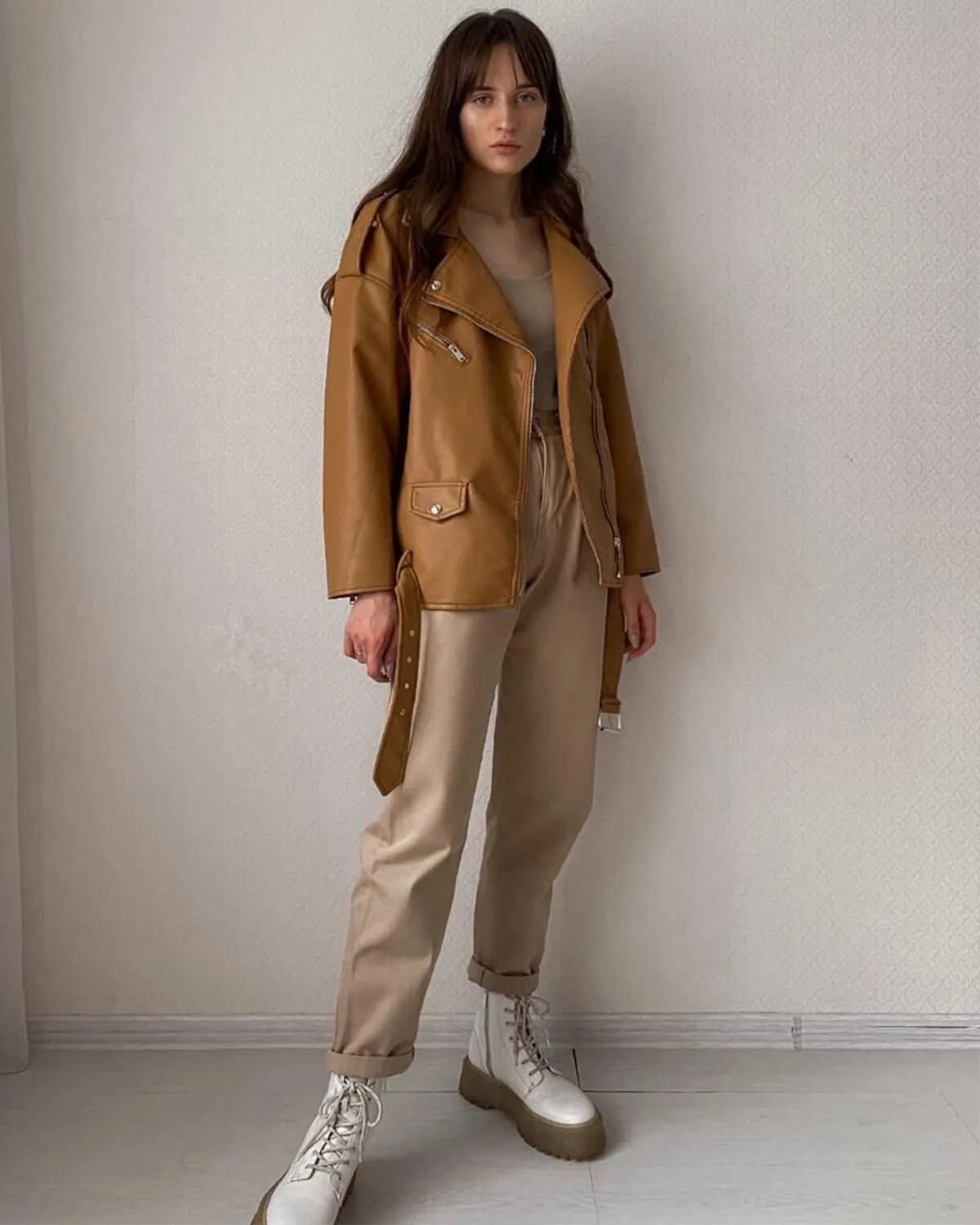 LY VAREY LIN Women Faux Leather Jacket Lapel Collar Motorcycle Zip Up Long Sleeve Motor Biker Short Coat Jacket