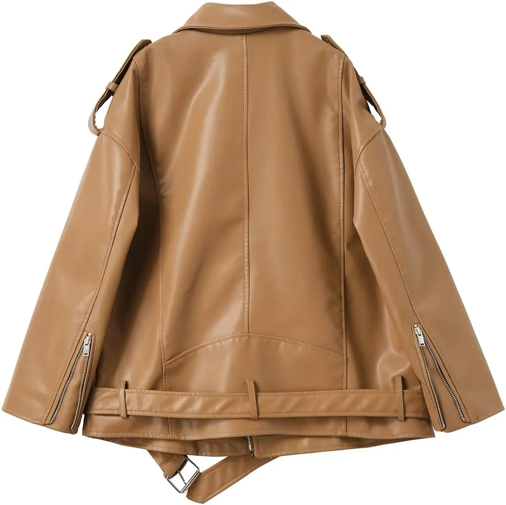 LY VAREY LIN Women Faux Leather Jacket Lapel Collar Motorcycle Zip Up Long Sleeve Motor Biker Short Coat Jacket