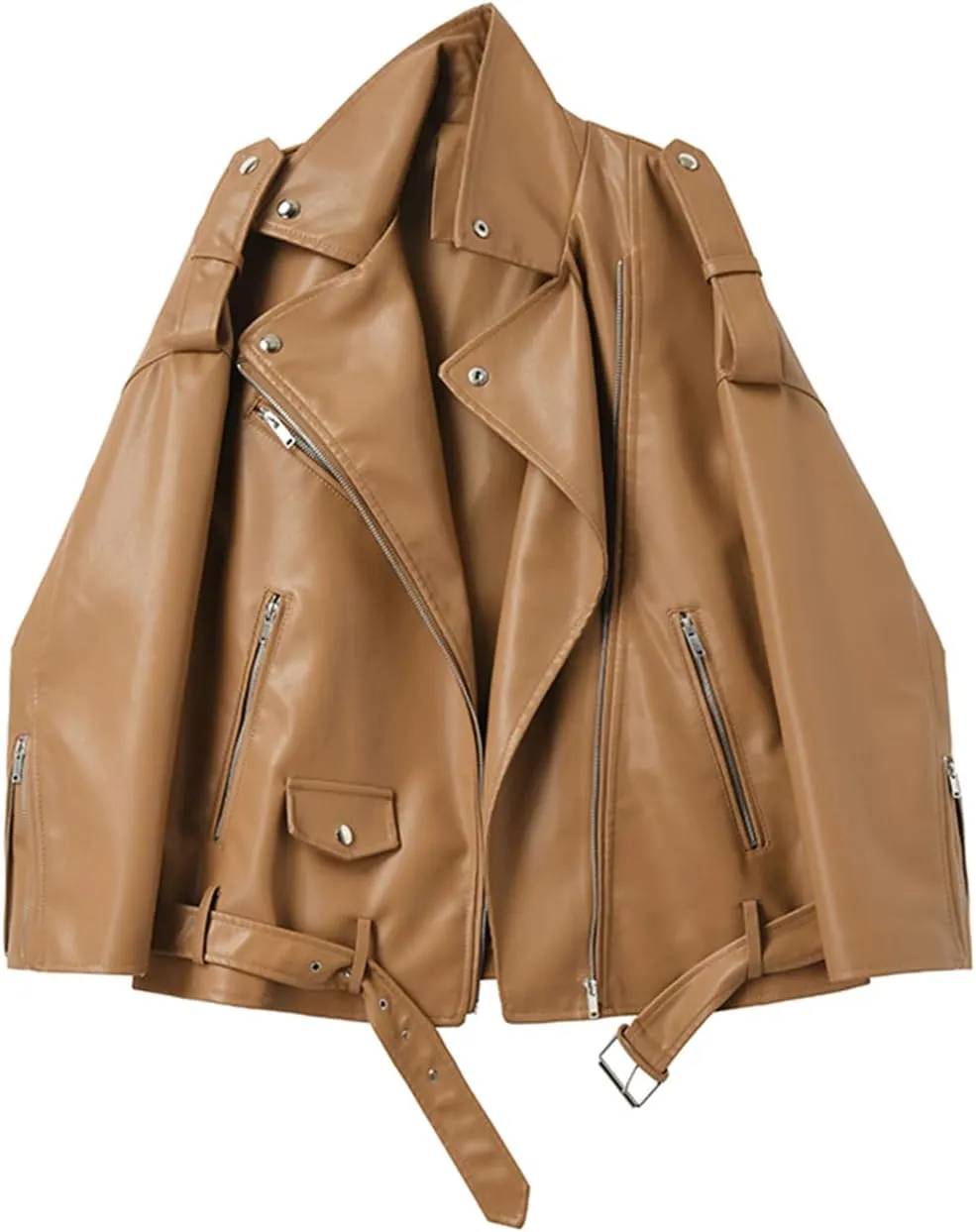 LY VAREY LIN Women Faux Leather Jacket Lapel Collar Motorcycle Zip Up Long Sleeve Motor Biker Short Coat Jacket
