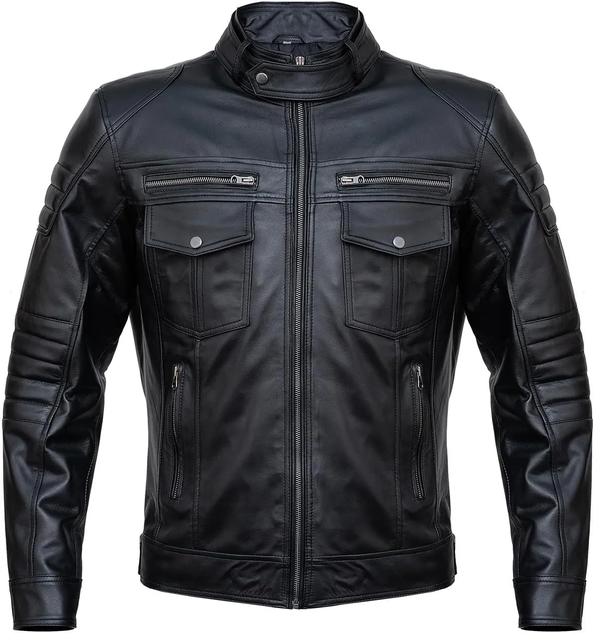 Men Cafe Racer Motorcycle Style Solid Color Leather Jacket | Mens Slim Fit Motorcycle Brown Leather Jacket