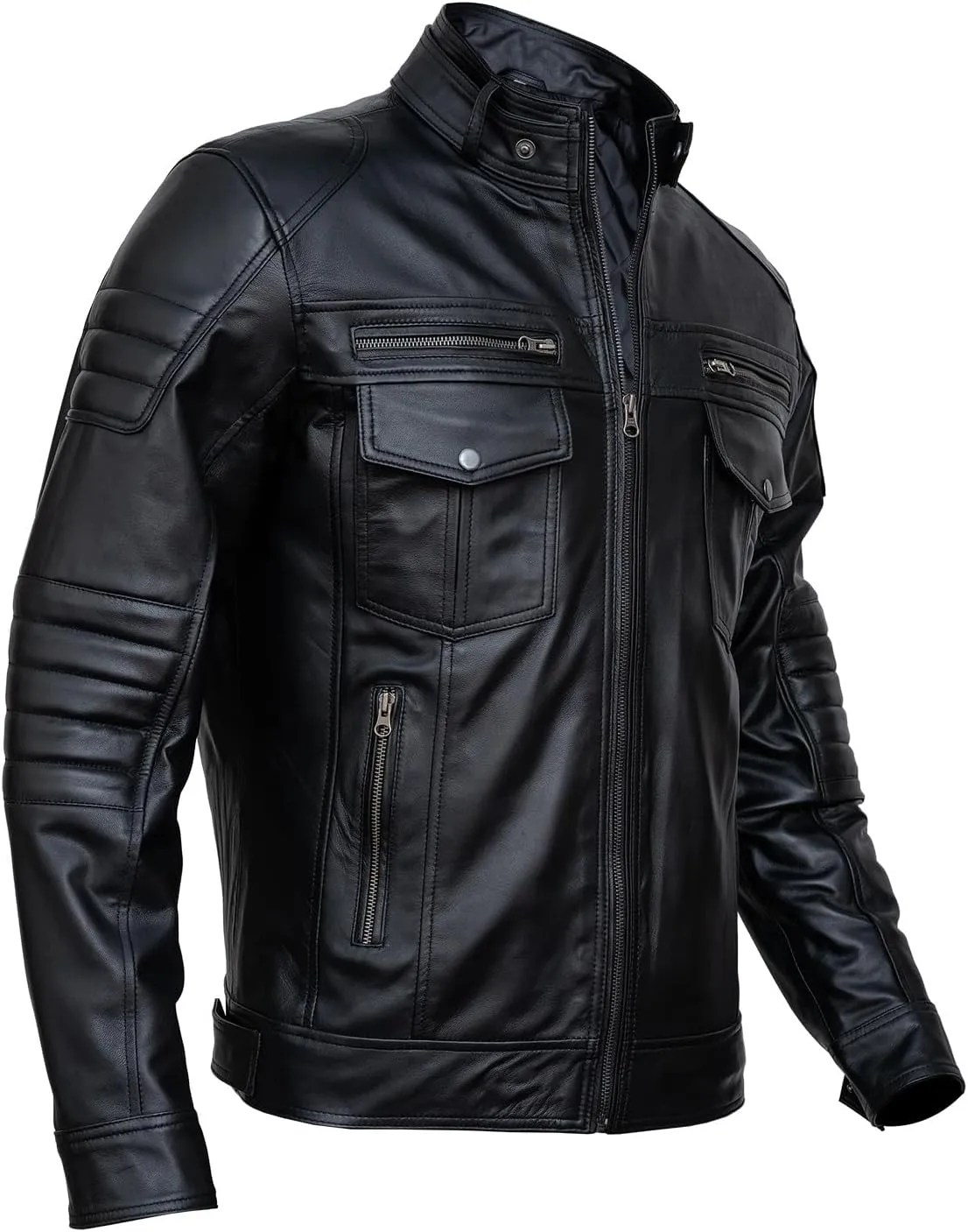 Men Cafe Racer Motorcycle Style Solid Color Leather Jacket | Mens Slim Fit Motorcycle Brown Leather Jacket