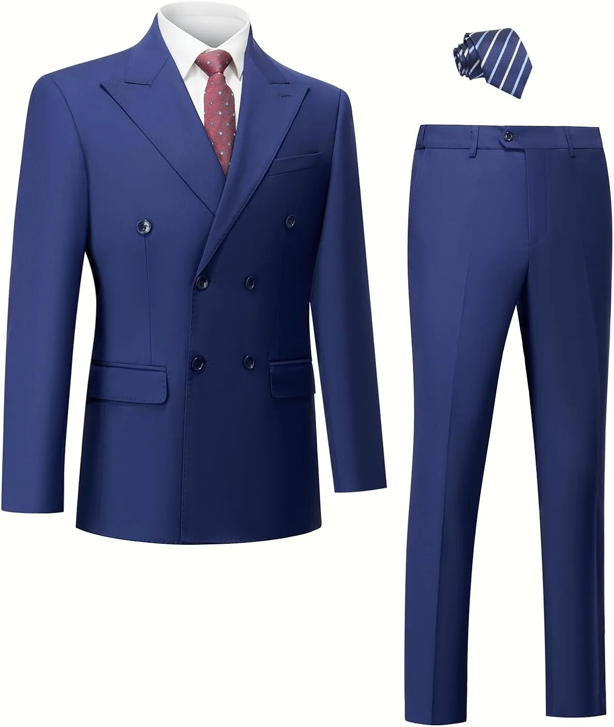 Mens 2 Piece Suit Slim Fit Double Breasted Solid Color Tuxedo Blazer Pants for Prom with Tie