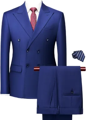 Mens 2 Piece Suit Slim Fit Double Breasted Solid Color Tuxedo Blazer Pants for Prom with Tie
