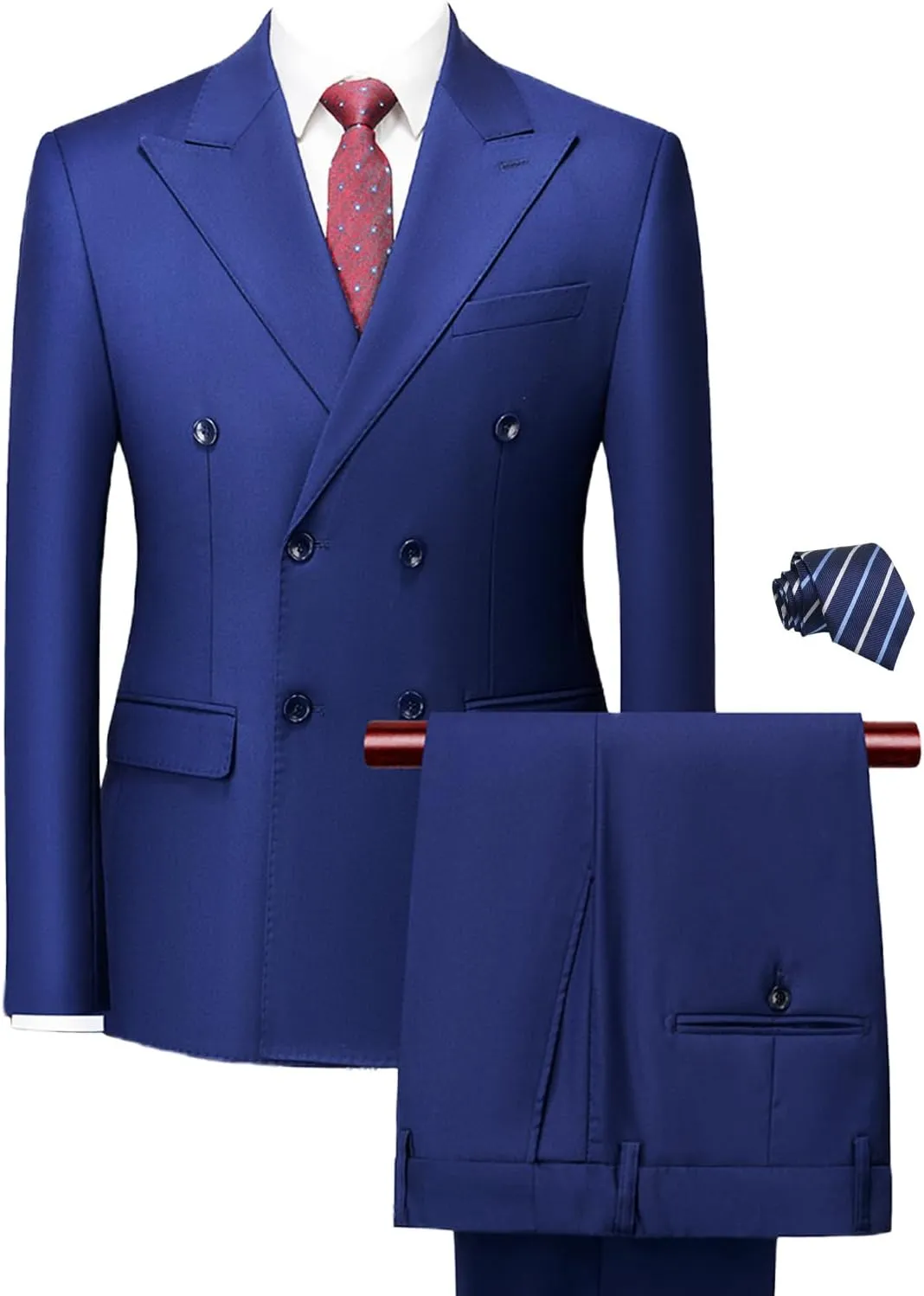 Mens 2 Piece Suit Slim Fit Double Breasted Solid Color Tuxedo Blazer Pants for Prom with Tie