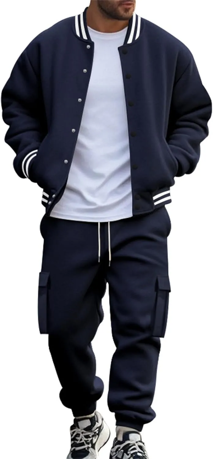 Men's Casual Active Tracksuits Trendy Bomber Jacket Letterman Varsity Jackets Cargo Joggers Sweatpant Matching Sets